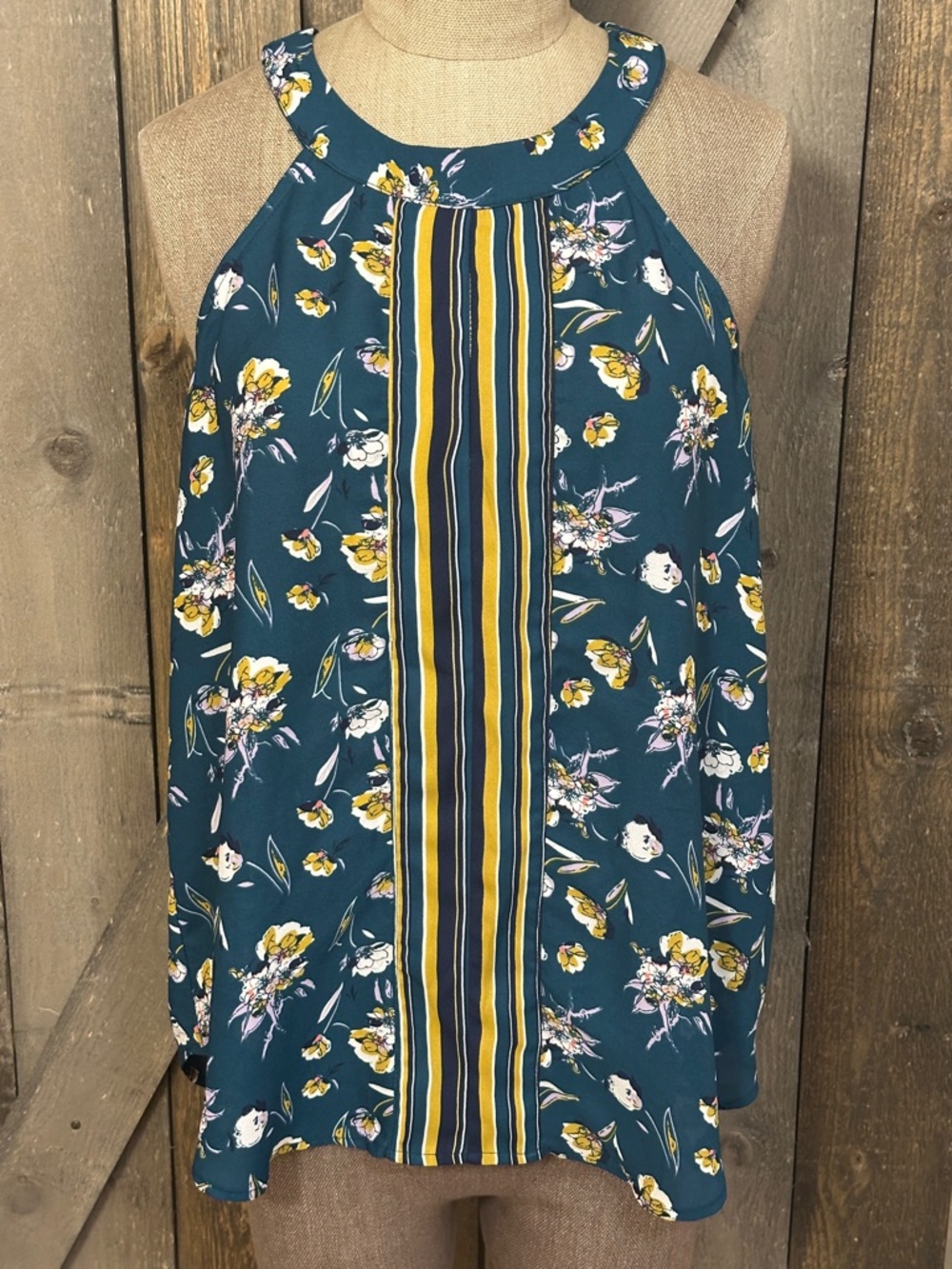 Evereve Allison Joy Floral Halter Mixed Print Stripe Teal Yellow Tank Top Small
